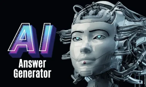 Futuristic robot with intricate wiring and circuits representing AI technology next to text saying AI Answer Generator