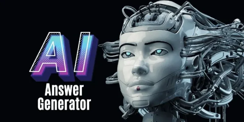 Futuristic robot with intricate wiring and circuits representing AI technology next to text saying AI Answer Generator