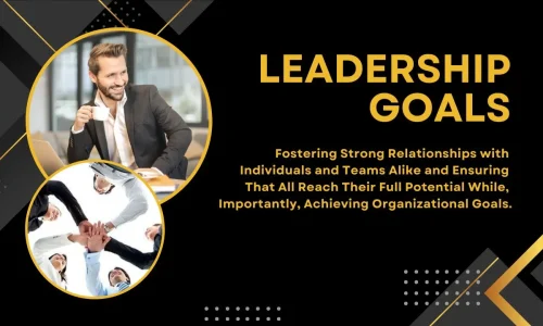 "Leadership Goals" text, featuring a man in a suit and a teamwork huddle, promoting collaboration and success.