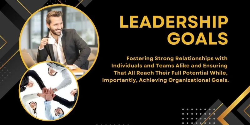 "Leadership Goals" text, featuring a man in a suit and a teamwork huddle, promoting collaboration and success.