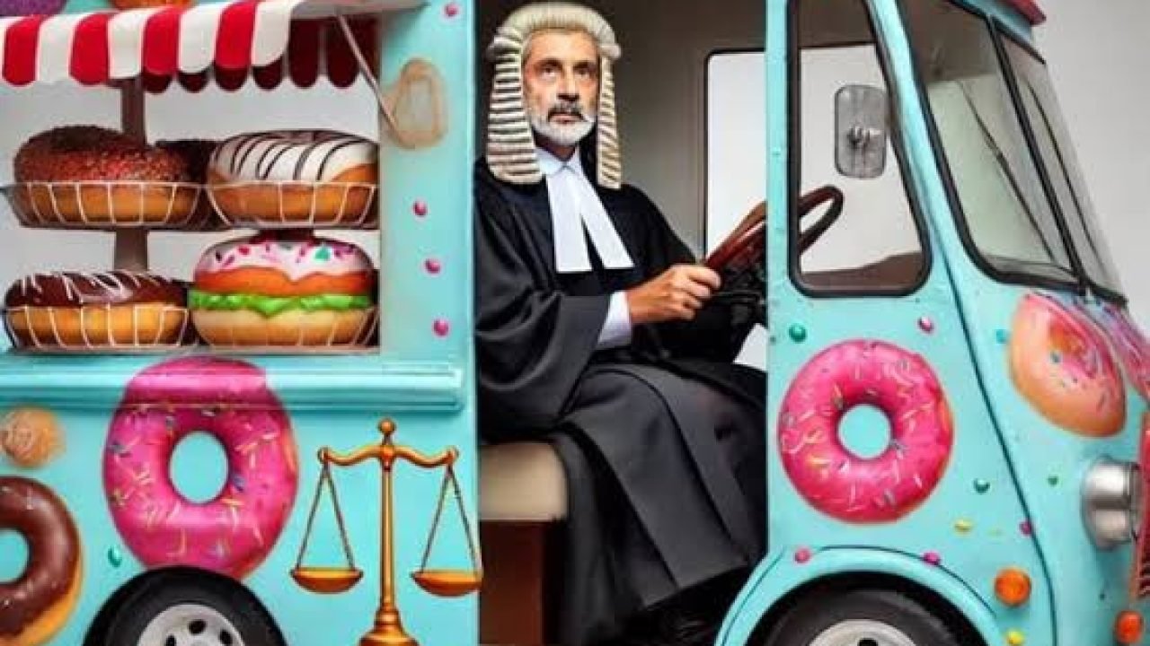 A judge navigates a food truck decorated with donuts, reflecting the Qazi Faez Isa case in a lighthearted context.